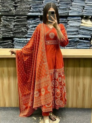 Noorani Orange Anarkali Cotton Embroidered Indian Traditional Salwar Kameez Set for Women - Set of 3
