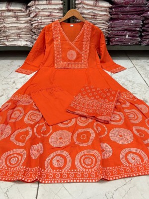 Noorani Orange Anarkali Cotton Embroidered Indian Traditional Salwar Kameez Set for Women - Set of 3