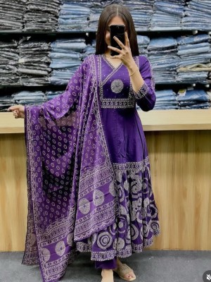 Noorani Purple Anarkali Cotton Embroidered Indian Traditional Salwar Kameez Set for Women - Set of 3