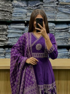 Noorani Purple Anarkali Cotton Embroidered Indian Traditional Salwar Kameez Set for Women - Set of 3