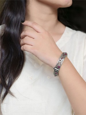 Antique Flower Designer Bracelet Silver Oxidized Stone Work Openable Bangle Kada