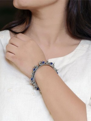 Traditional Peacock Stonework Designer Bangle Silver Oxidized Openable Bracelet