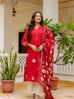 Kavya Red Embroidered Indian Traditional Readymade Straight Salwar Kameez Cotton Kurti Schiffli Pant Dupatta - Set of 3