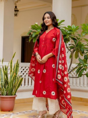 Kavya Red Embroidered Indian Traditional Readymade Straight Salwar Kameez Cotton Kurti Schiffli Pant Dupatta - Set of 3