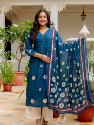 Kavya Blue Embroidered Indian Traditional Readymade Straight Salwar Kameez Cotton Kurti Schiffli Pant Dupatta - Set of 3