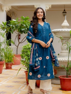 Kavya Blue Embroidered Indian Traditional Readymade Straight Salwar Kameez Cotton Kurti Schiffli Pant Dupatta - Set of 3