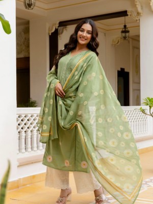 Kavya Green Embroidered Indian Traditional Readymade Straight Salwar Kameez Cotton Kurti Schiffli Pant Dupatta - Set of 3