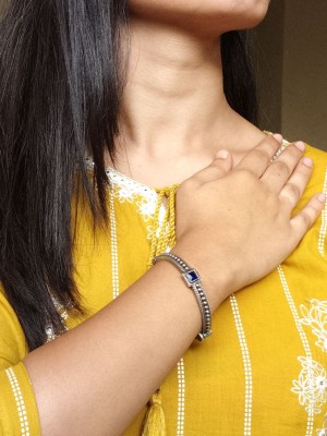 Elegant Stone Crafted Silver Oxidized Bangle Bohemian Openable Kada Bracelet