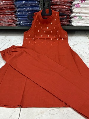 Red Slub Cotton Mirror Work Kurti Pant Co Ord Set Sleeveless Salwar Kameez For Women - Set Of 2