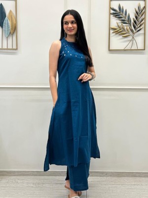 Blue Slub Cotton Mirror Work Kurti Pant Co Ord Set Sleeveless Salwar Kameez For Women - Set Of 2