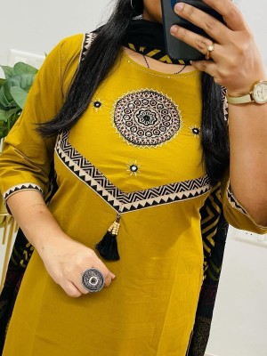 Mustard Yellow Designer Readymade Indian Straight Salwar Suit Kurti Pant Set for Women - Set of 3