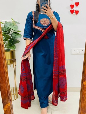 Blue Designer Readymade Indian Straight Salwar Suit Kurti Pant Set for Women - Set of 3