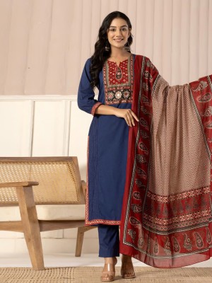 Blue Ethnic Readymade Indian Straight Salwar Kameez Kurti Pant Set for Women - Set of 3