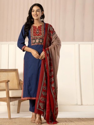 Blue Ethnic Readymade Indian Straight Salwar Kameez Kurti Pant Set for Women - Set of 3