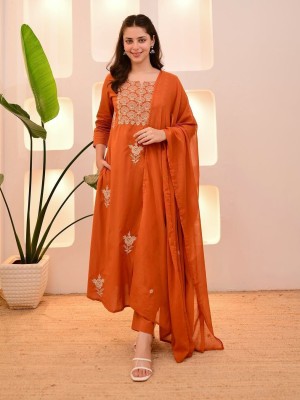 Simran Orange Anarkali Cotton Rose Embroidered Indian Traditional Salwar Kameez Set for Women - Set of 3