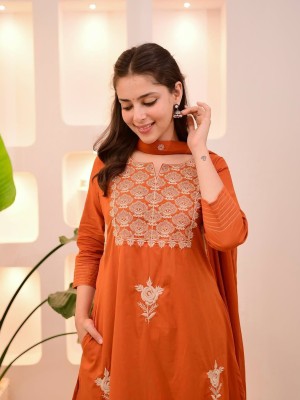 Simran Orange Anarkali Cotton Rose Embroidered Indian Traditional Salwar Kameez Set for Women - Set of 3