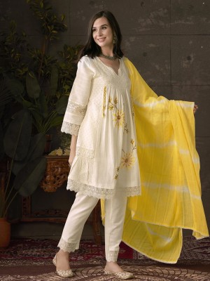 Aamina White & Yellow Chikankari Schiffli Work Traditional Anarkali Salwar Kameez Kurti Pant with Chiffon Lehariya Dupatta Set