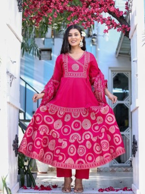 Amalya Pink Readymade Printed Frock Style Anarkali Salwar Kameez Set Indian Designer Kurta Suit Set for Women