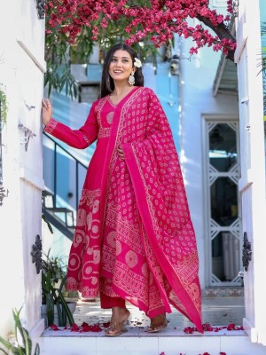 Amalya Pink Readymade Printed Frock Style Anarkali Salwar Kameez Set Indian Designer Kurta Suit Set for Women