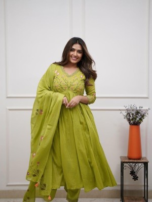 Mustard Women Flared V-Neck Embroidered Anarkali Kurti Salwar Kameez Dress Gown - Set of 3