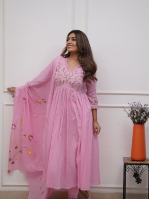 Pink Women Flared V-Neck Embroidered Anarkali Kurti Salwar Kameez Dress Gown - Set of 3
