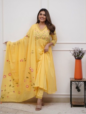 Yellow Women Flared V-Neck Embroidered Anarkali Kurti Salwar Kameez Dress Gown - Set of 3