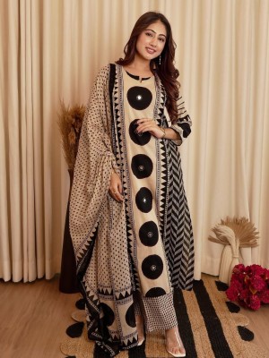 Zainab Beige & Black Geometric Print Pretty and Elegant Designer Cotton Kurti Set for Women