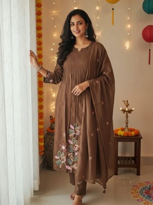 Renuka Green Embroidered Flared Embroidered Anarkali Kurti Salwar Kameez Dress Gown - Set of 3