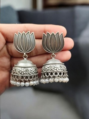 Beautiful Lotus Flower Designer Silver Oxidized Earrings Jhumka with Pearl Beads Drop