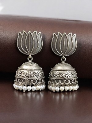 Beautiful Lotus Flower Designer Silver Oxidized Earrings Jhumka with Pearl Beads Drop