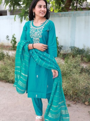 Light Sea Green Traditional Straight Silk Salwar Kameez Indian Kurti Pant Dupatta Set with Gota Patti Work- Set of 3