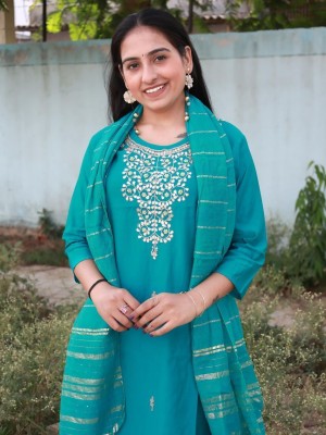 Light Sea Green Traditional Straight Silk Salwar Kameez Indian Kurti Pant Dupatta Set with Gota Patti Work- Set of 3