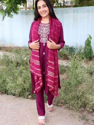 Wine Traditional Straight Silk Salwar Kameez Indian Kurti Pant Dupatta Set with Gota Patti Work- Set of 3