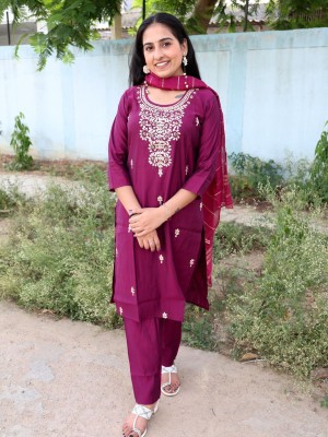 Wine Traditional Straight Silk Salwar Kameez Indian Kurti Pant Dupatta Set with Gota Patti Work- Set of 3