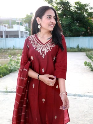 Maroon Traditional Straight Silk Salwar Kameez Indian Kurti Pant Dupatta Set with Gota Patti Work- Set of 3