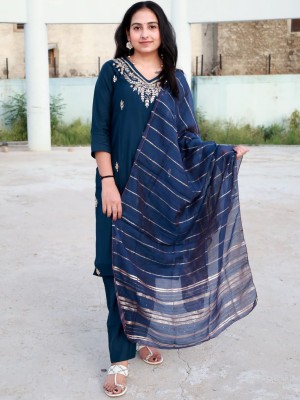 Blue Traditional Straight Silk Salwar Kameez Indian Kurti Pant Dupatta Set with Gota Patti Work- Set of 3