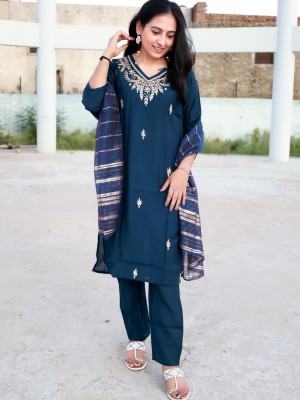 Blue Traditional Straight Silk Salwar Kameez Indian Kurti Pant Dupatta Set with Gota Patti Work- Set of 3