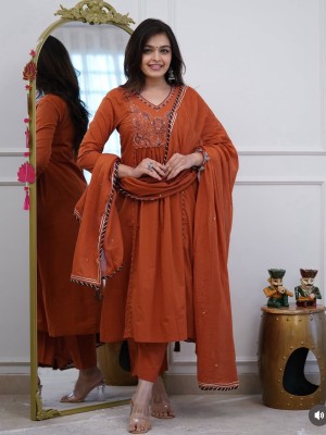 Kusum Orange V-Neck Ethnic Embroidered Indian Salwar Kameez Kurti Pant Dupatta Set for Women - Set of 3