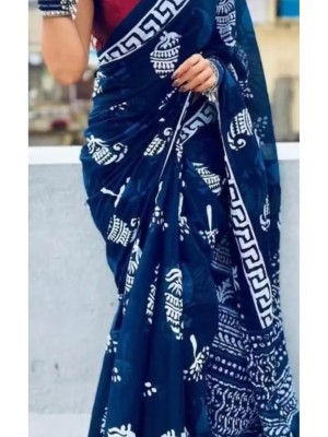 Nandini Indigo Blue Paisley Printed Soft Pure Cotton Mulmul Saree with Blouse Piece