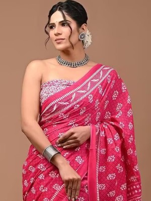 Suhani Pink Cotton Mulmul Saree Booti Hand Block Printed with Blouse Piece