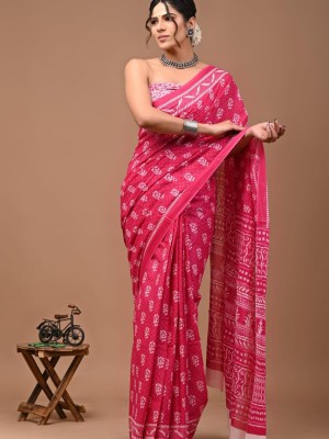 Suhani Pink Cotton Mulmul Saree Booti Hand Block Printed with Blouse Piece