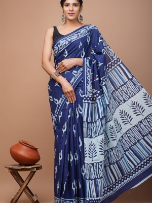 Nikita Indigo Blue Peacock Designer Cotton Mulmul Saree with Blouse Piece