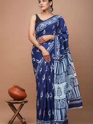 Nikita Indigo Blue Peacock Designer Cotton Mulmul Saree with Blouse Piece