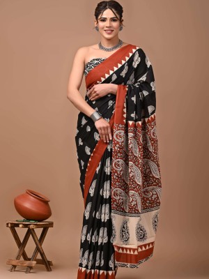 Sandhya Black Multi Hand Block Paisley Printed Cotton Mulmul Saree