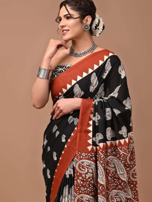 Sandhya Black Multi Hand Block Paisley Printed Cotton Mulmul Saree
