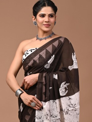 Indira Black & White Sangaeri Printed Cotton Mulmul Saree with Blouse Piece