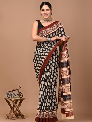 Sunita Black Multi Jaipuri Printed Cotton Mulmul Saree with Blouse