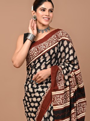 Sunita Black Multi Jaipuri Printed Cotton Mulmul Saree with Blouse