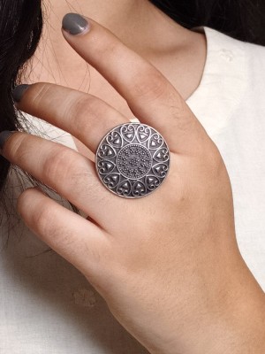 Antique Designer Silver Oxidized Vintage Style Round Finger Ring