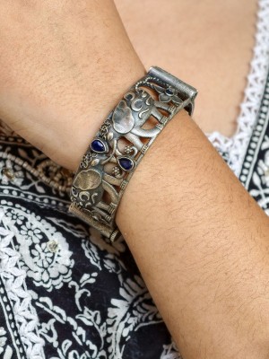 Elephant Designer Stone Work Openable Kada Bracelet Vintage Silver Oxidized Bangle